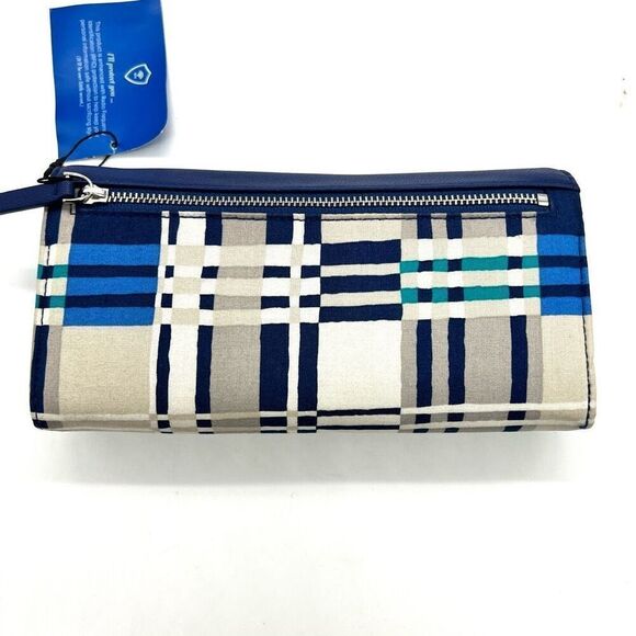 Vera Bradley RFID Audrey Faux Leather and Fabric Wallet Blue White Gray Plaid - Picture 8 of 12